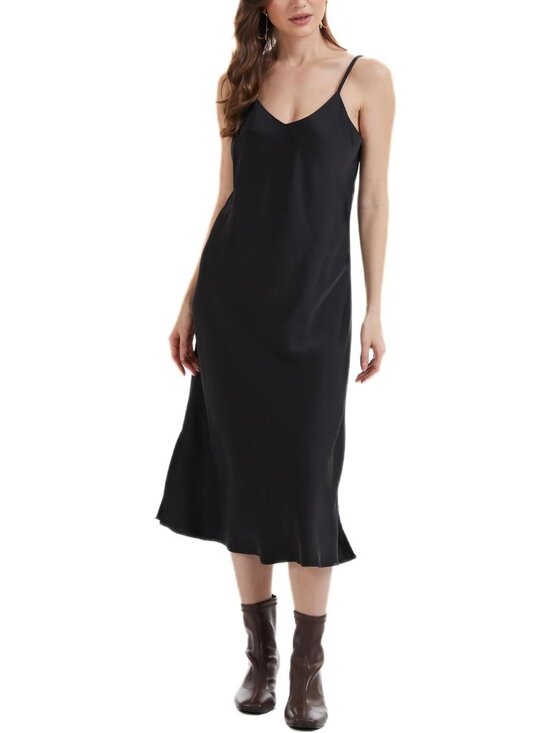 Dresses & Skirts - Satin Midi Slip Dress with V-Neck, Spaghetti Straps & Side Slits - Evening